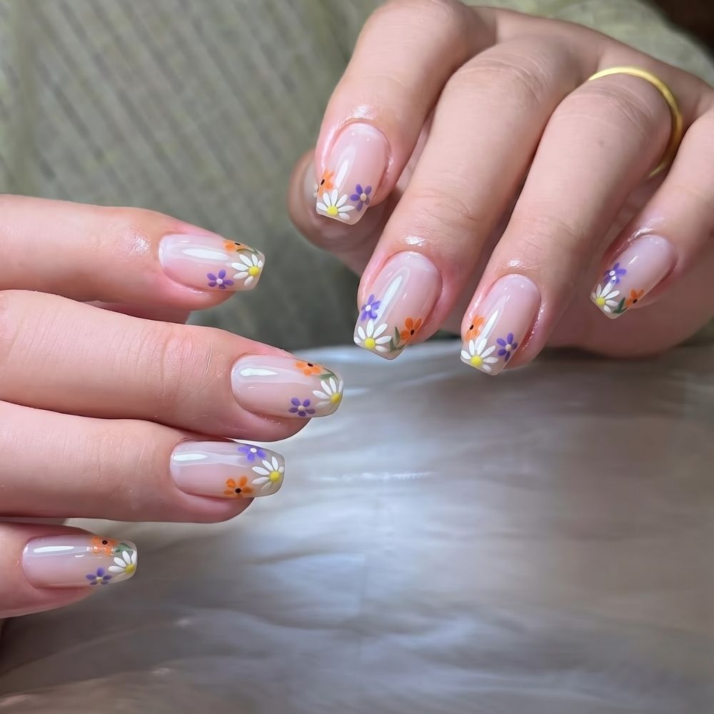 Press-on-nail Purple Spring Floral Jelly French Press On Nails | Fresh Floral Style | Reusable Nail Set 2