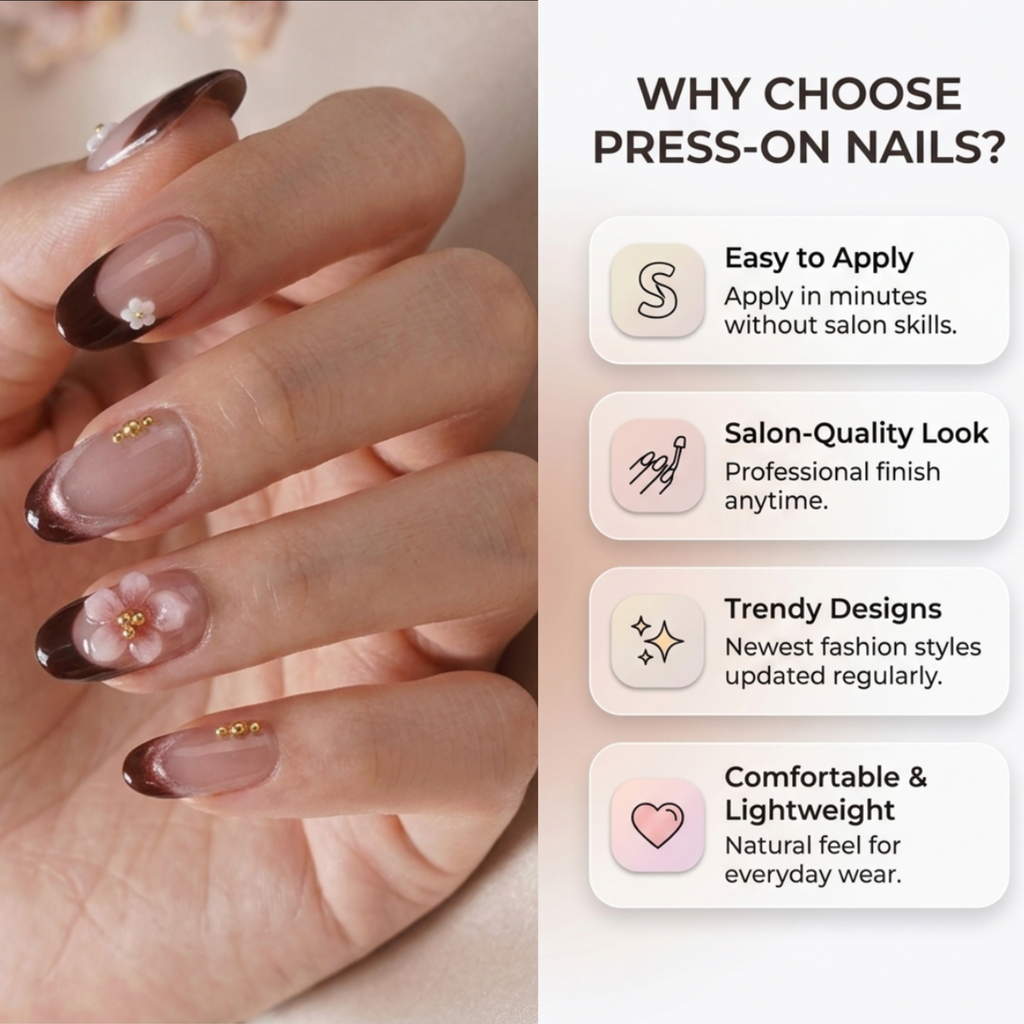 Press-on-nail Red Brown Cat Eye Daisy Press On Nails | Elegant Floral Style | Reusable Nail Set 5