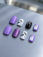 Short Square Purple Glitter Halloween Press On Nails with Spider Web Ghost & Bats | Spooky Cute Gothic Style | Reusable Nail Set