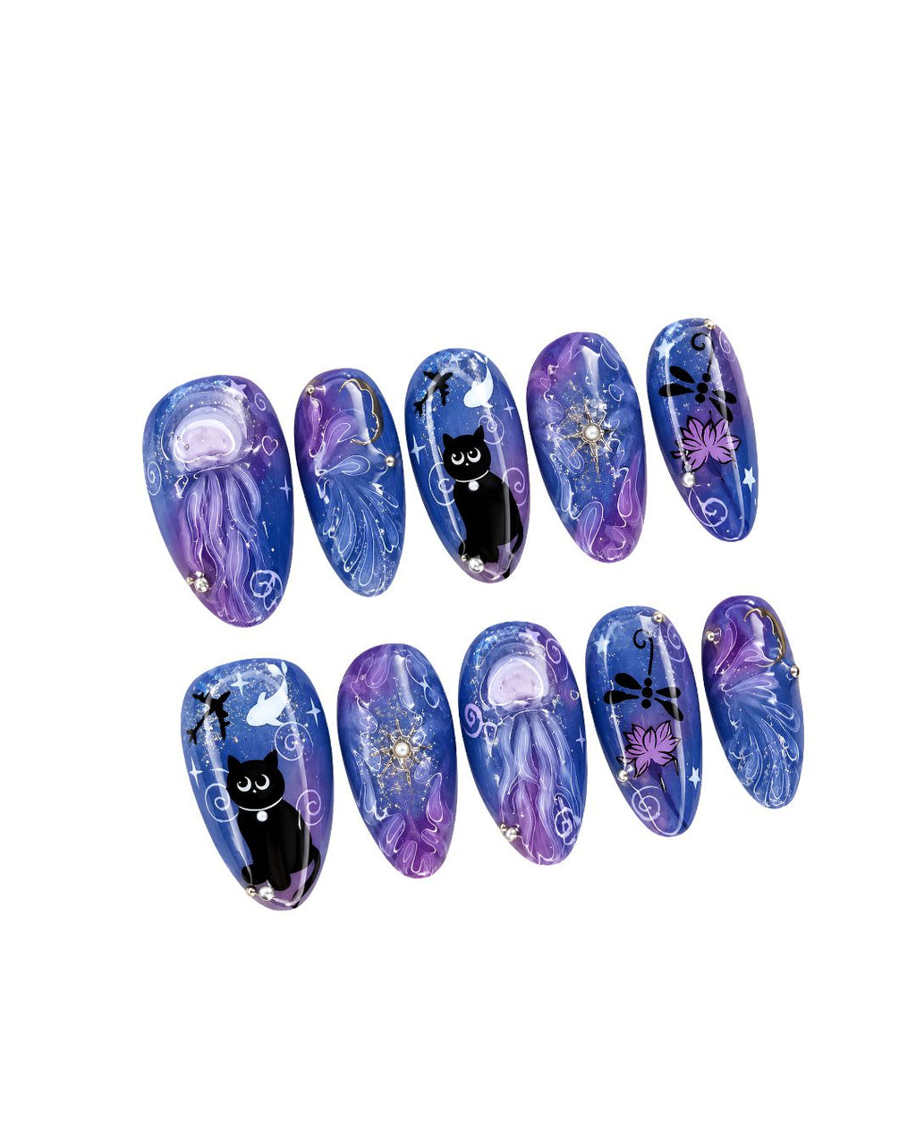 Purple Blue Black Cat Press On Nails | Mystic Halloween Style | Reusable Nail Set