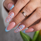 Press-on-nail Oval Blue Floral French Press On Nails | Romantic Garden Style | Reusable Nail Set 7