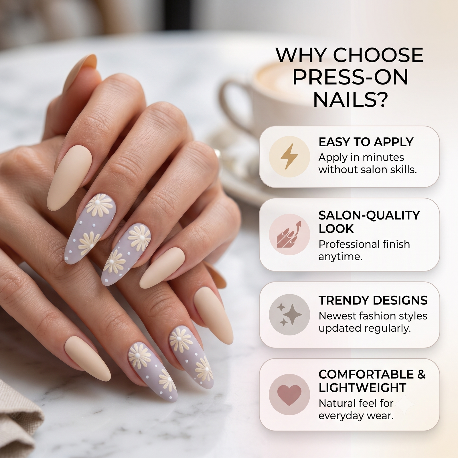 Press-on-nail Long Golden Daisy Press On Nails | Elegant Floral Style | Reusable Nail Set 4
