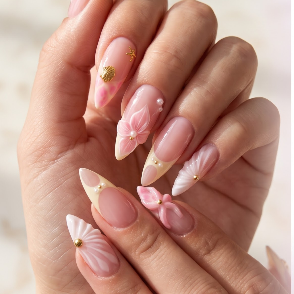 Press-on-nail Long Stiletto Pink French Press On Nails with 3D Butterfly & Pearls | Fairy Coquette Style | Reusable Nail Set 1