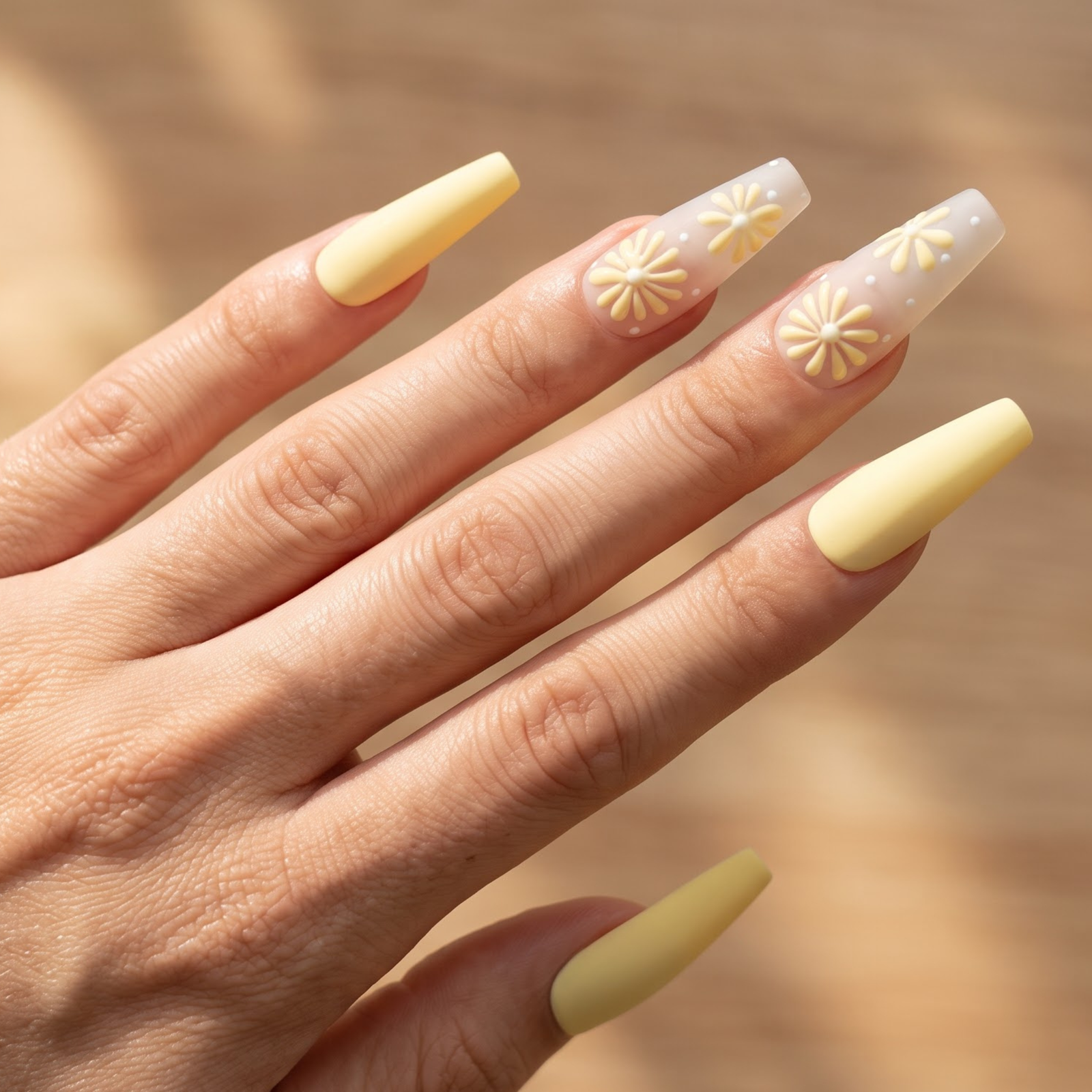 Press-on-nail Long Golden Daisy Press On Nails | Elegant Floral Style | Reusable Nail Set 1