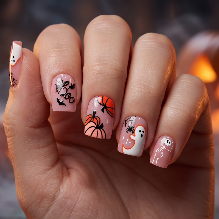 Orange Pumpkin Ghost Halloween Press On Nails | Cute Halloween Style | Reusable Nail Set - highlight 1