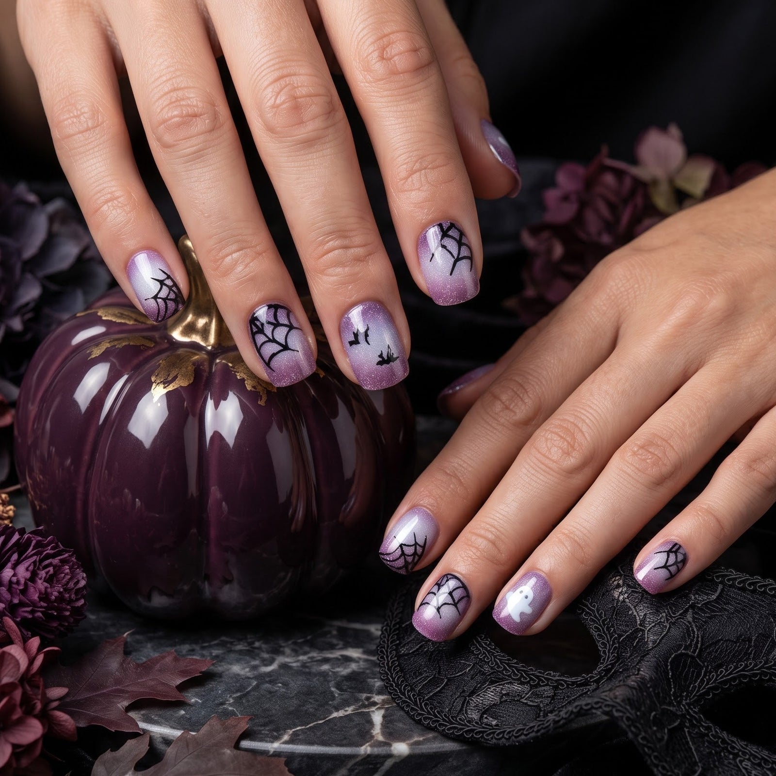 Press-on-nail Purple Cat Eye Bat & Spider Web Halloween Press On Nails | Gothic Halloween Style | Reusable Nail Set 4