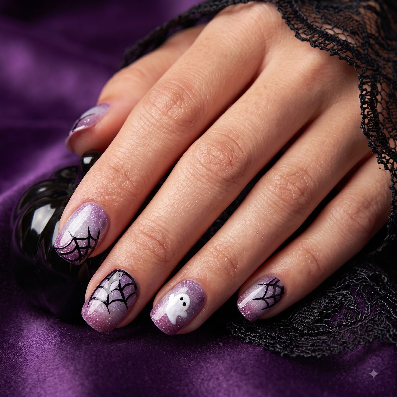 Press-on-nail Purple Cat Eye Bat & Spider Web Halloween Press On Nails | Gothic Halloween Style | Reusable Nail Set 1