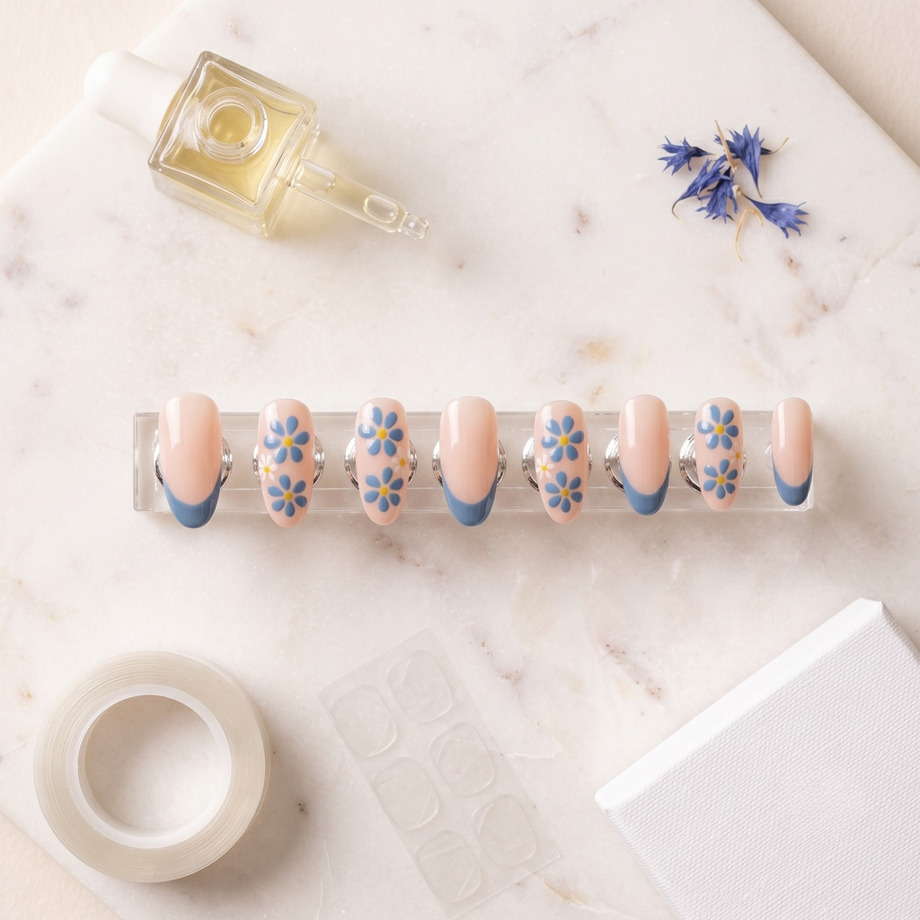 Blue Floral Long Oval French Press-On Nails