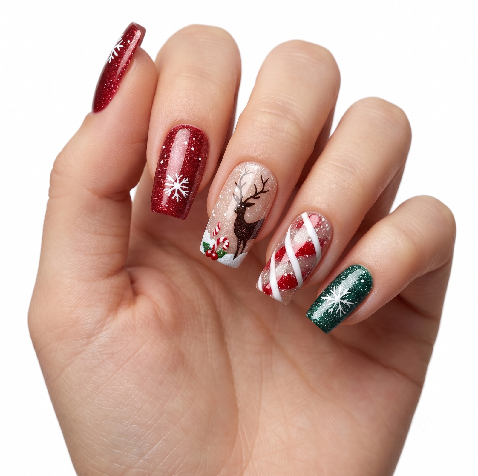 Press-on-nail Red & White Christmas Tree Reindeer Press On Nails | Festive Holiday Style | Reusable Nail Set 1