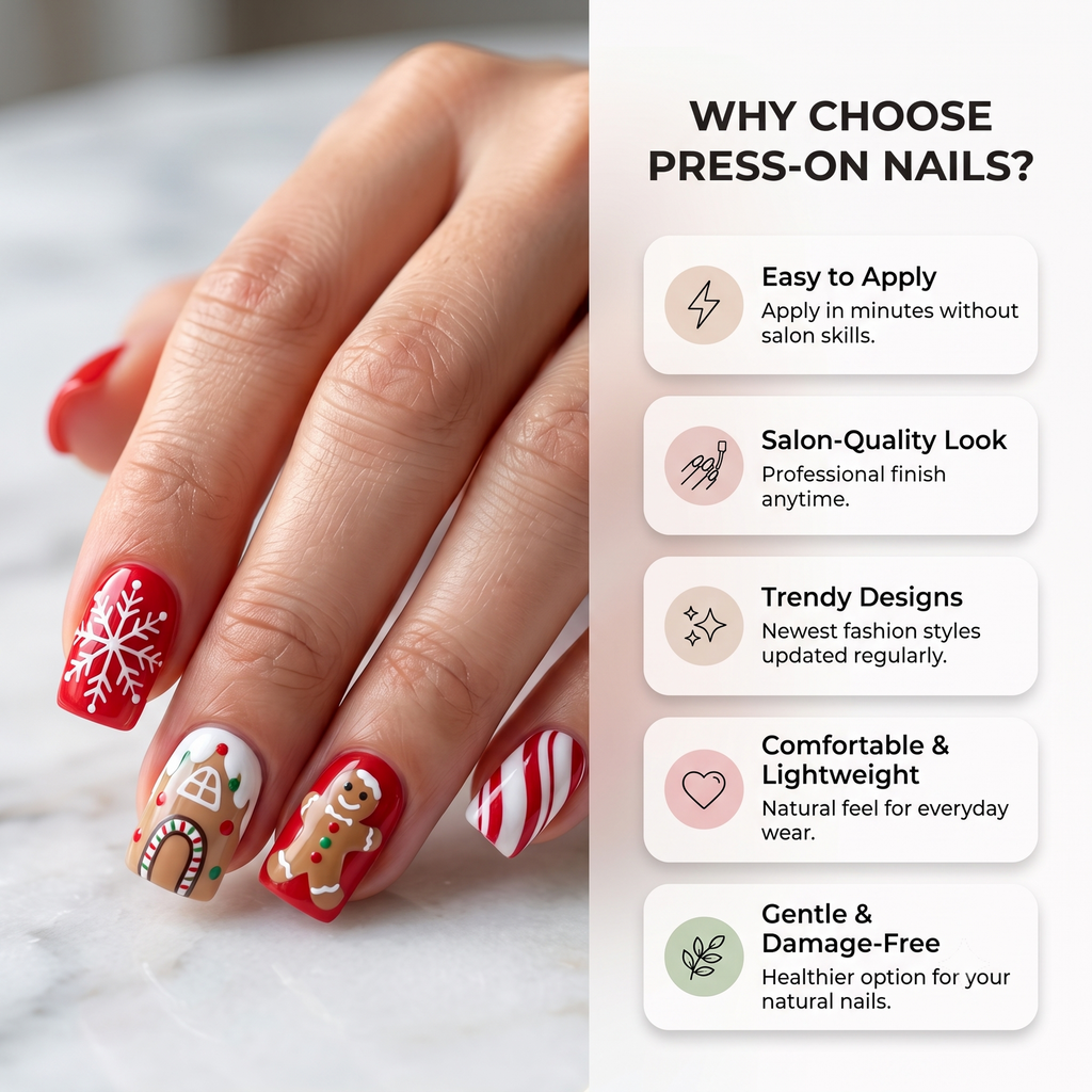Press-on-nail Red Gingerbread Snowflake Christmas Press On Nails | Festive Holiday Style | Reusable Nail Set 5