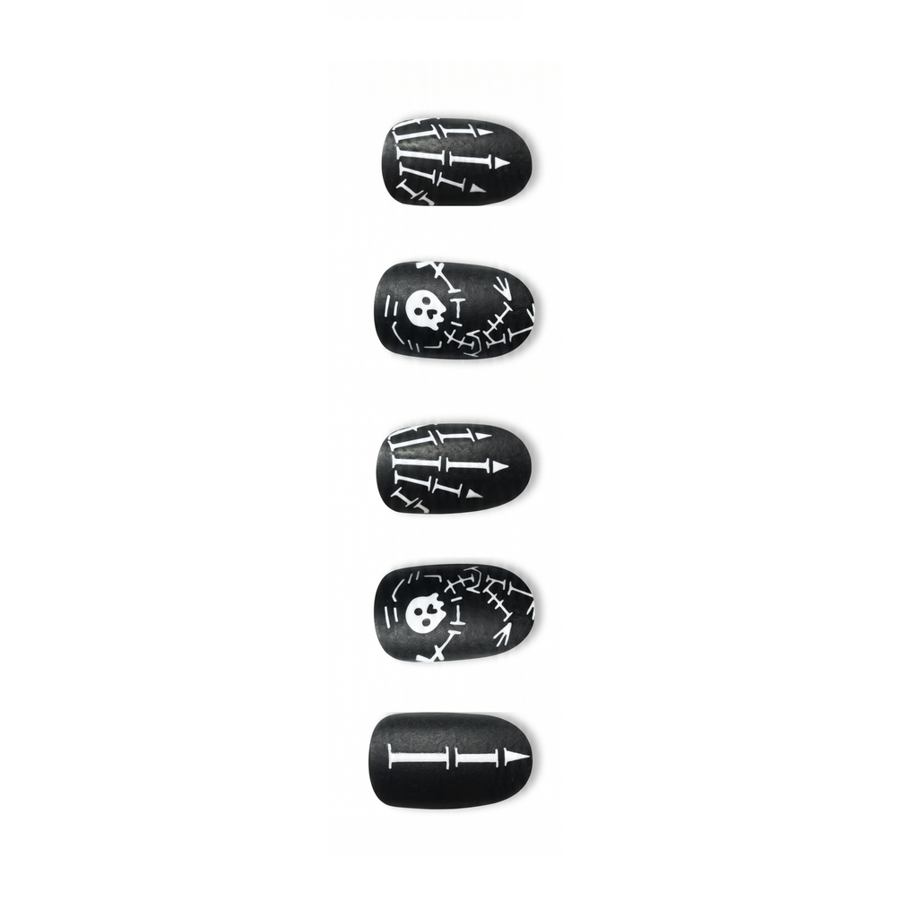 Press-on-nail Matte Black Skull Round Halloween Press On Nails | Gothic Horror Style | Reusable Nail Set 2