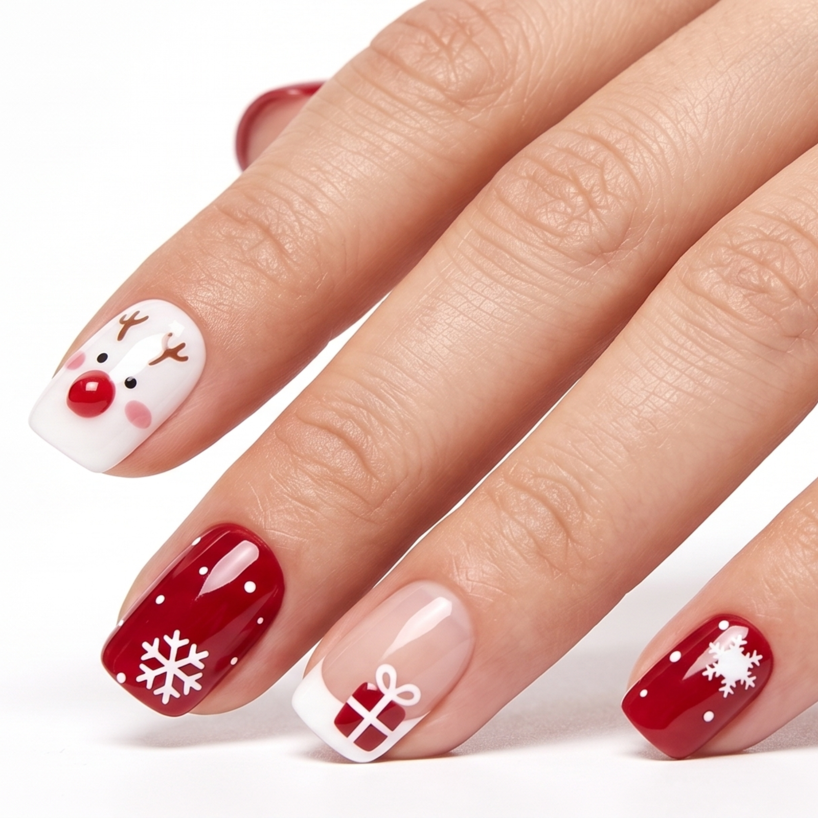 Press-on-nail Red-Nosed Reindeer Square Christmas Press On Nails | Cute Holiday Style | Reusable Nail Set 1