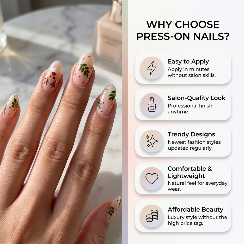 Press-on-nail White Reindeer French Christmas Press On Nails | Elegant Winter Style | Reusable Nail Set 4