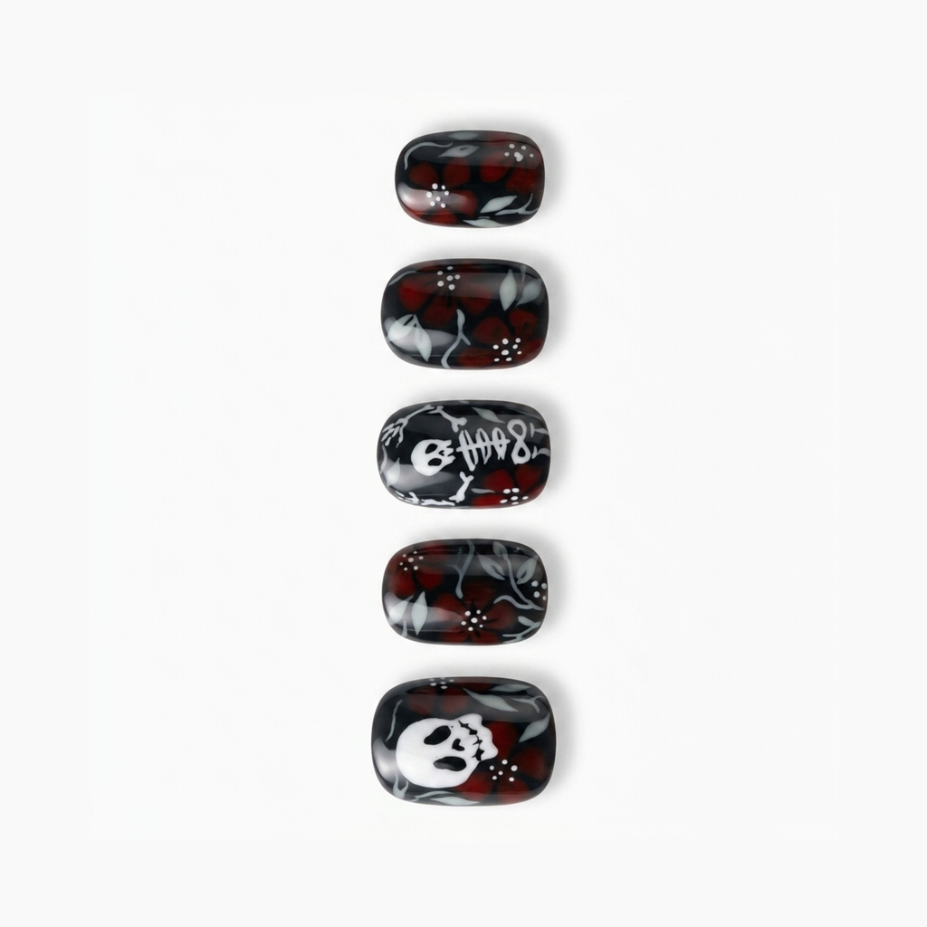 Press-on-nail Red & White Skull Floral Halloween Press On Nails | Gothic Floral Style | Reusable Nail Set 2