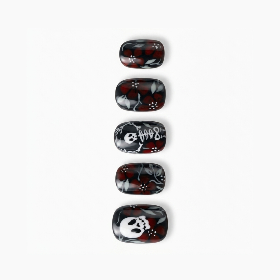 Red & White Skull Floral Halloween Press On Nails | Gothic Floral Style | Reusable Nail Set - highlight 2