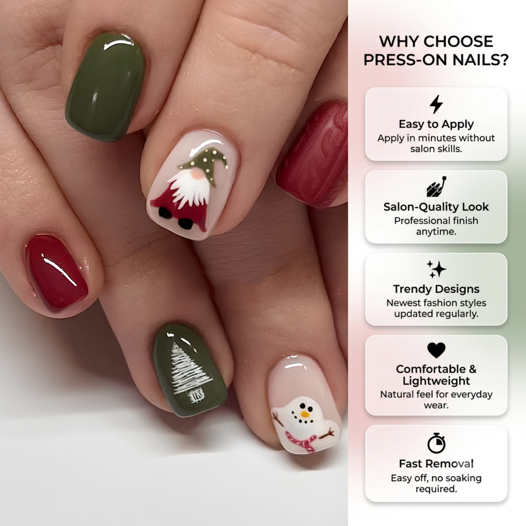 Press-on-nail Santa & Snowman Red Green Christmas Press On Nails | Festive Holiday Style | Reusable Nail Set 3