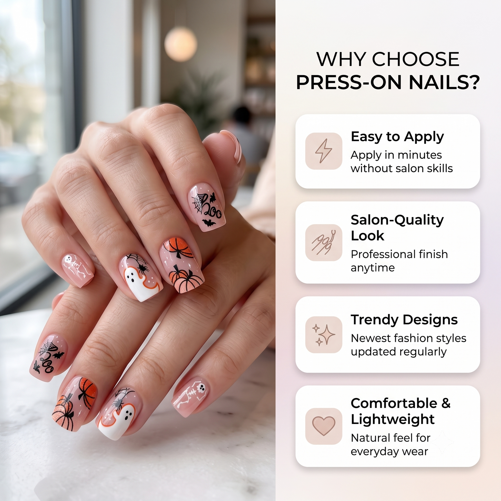 Press-on-nail Orange Pumpkin Ghost Halloween Press On Nails | Cute Halloween Style | Reusable Nail Set 5