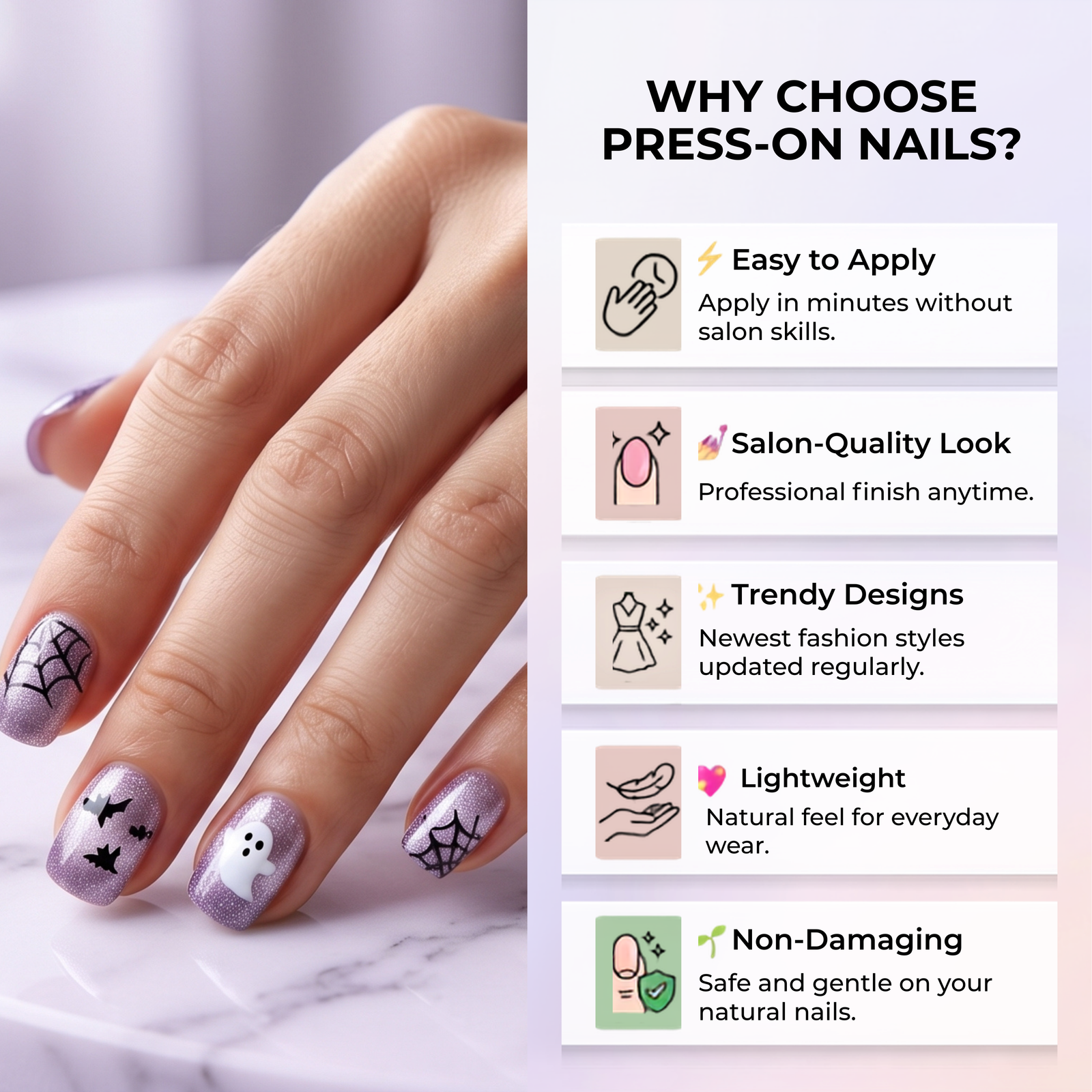 Press-on-nail Purple Cat Eye Bat & Spider Web Halloween Press On Nails | Gothic Halloween Style | Reusable Nail Set 6