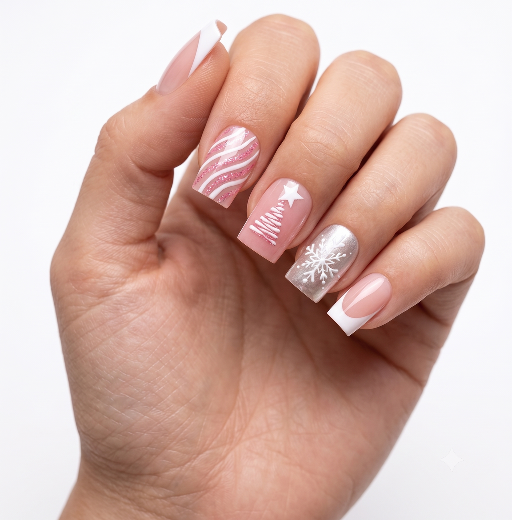 Press-on-nail Pink Christmas Tree Snowflake Press On Nails | Winter Holiday Style | Reusable Nail Set 1