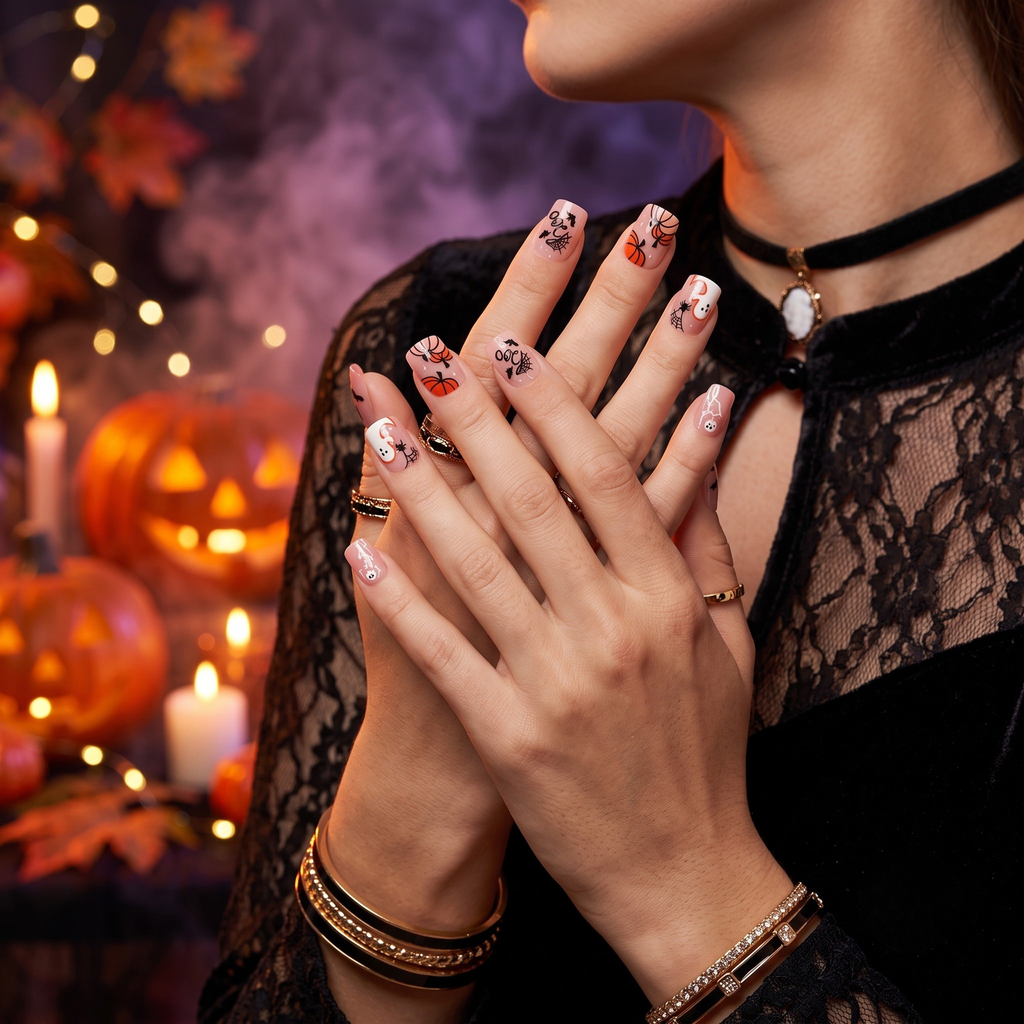 Press-on-nail Orange Pumpkin Ghost Halloween Press On Nails | Cute Halloween Style | Reusable Nail Set 4