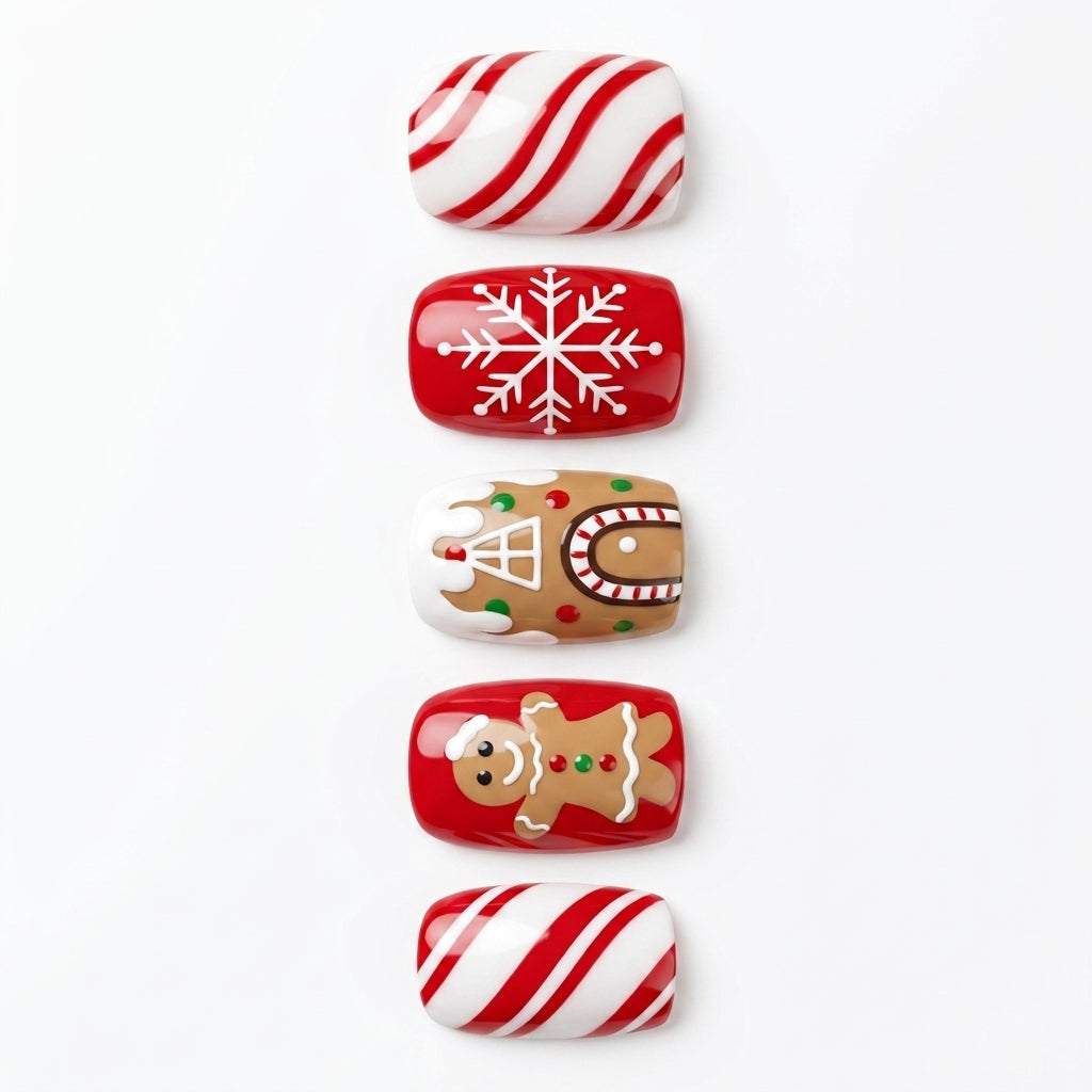 Press-on-nail Red Gingerbread Snowflake Christmas Press On Nails | Festive Holiday Style | Reusable Nail Set 2