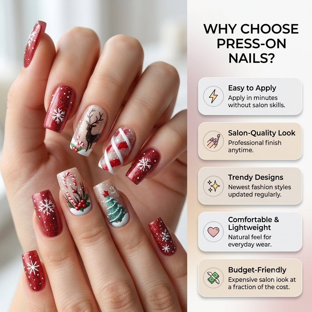 Press-on-nail Red & White Christmas Tree Reindeer Press On Nails | Festive Holiday Style | Reusable Nail Set 3