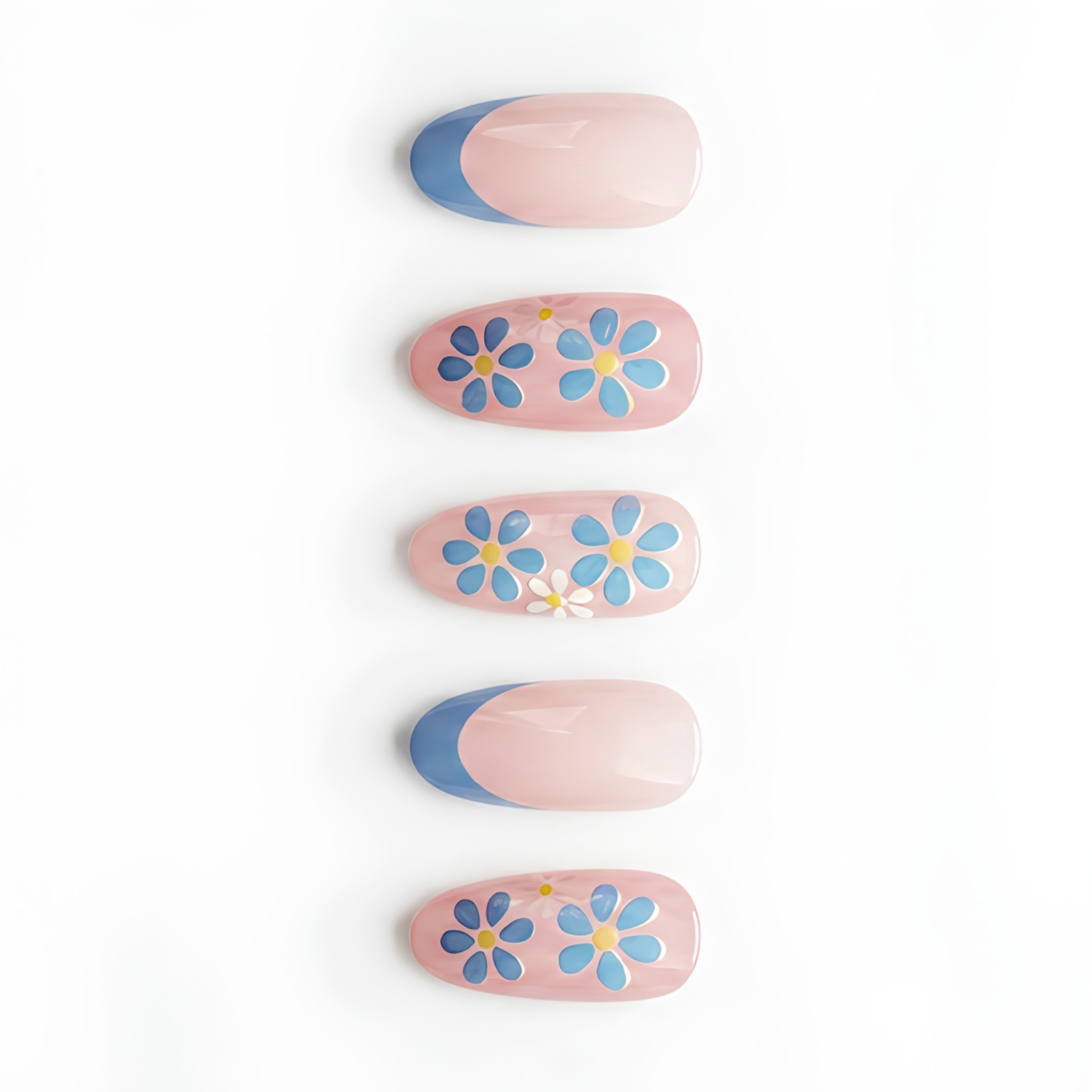 Press-on-nail Oval Blue Floral French Press On Nails | Romantic Garden Style | Reusable Nail Set 3