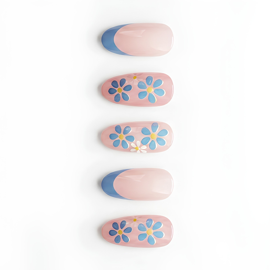 Oval Blue Floral French Press On Nails | Romantic Garden Style | Reusable Nail Set - highlight 3