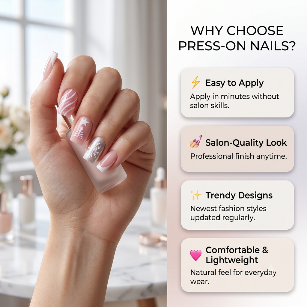 Press-on-nail Pink Christmas Tree Snowflake Press On Nails | Winter Holiday Style | Reusable Nail Set 4