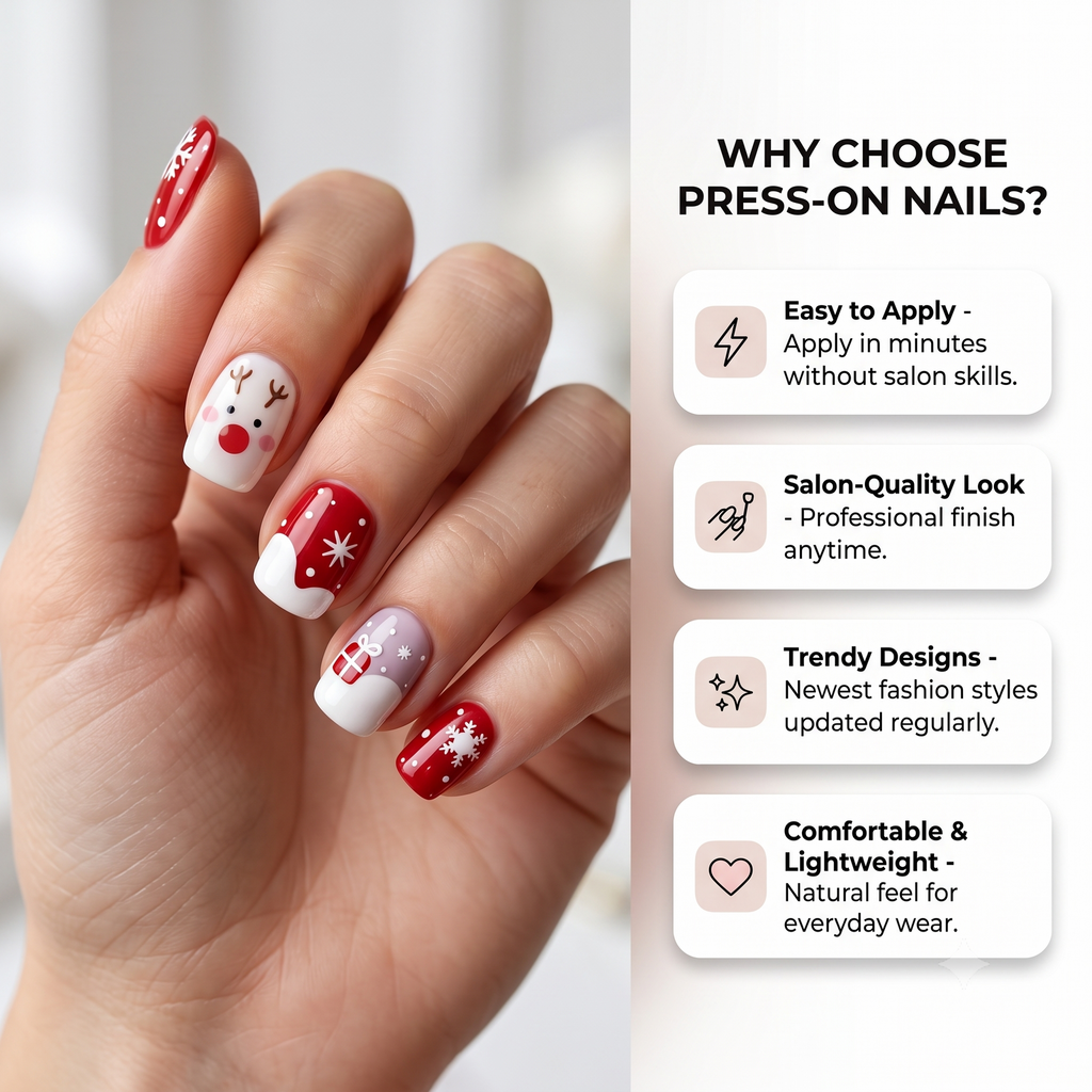 Press-on-nail Red-Nosed Reindeer Square Christmas Press On Nails | Cute Holiday Style | Reusable Nail Set 4
