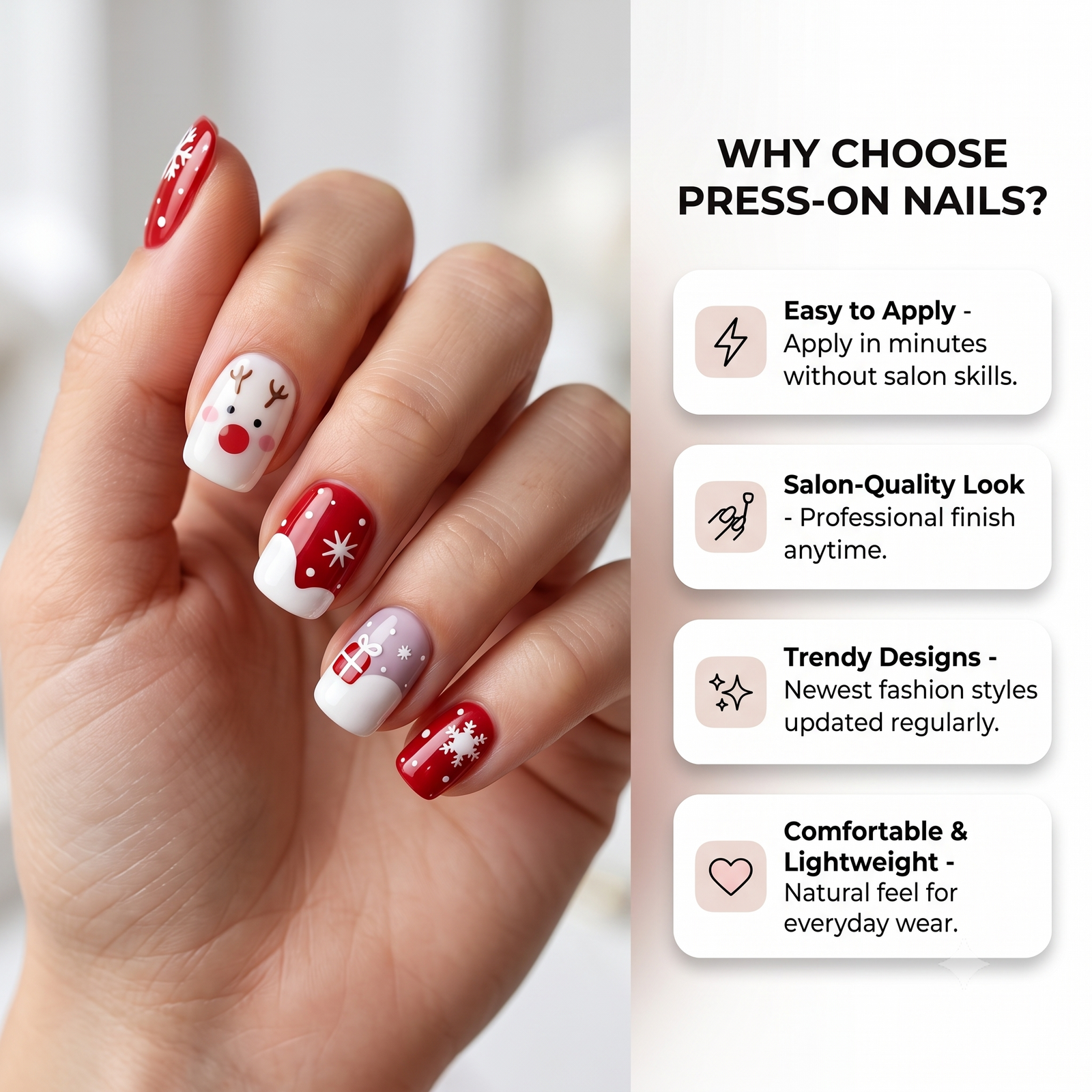 Press-on-nail Red-Nosed Reindeer Square Christmas Press On Nails | Cute Holiday Style | Reusable Nail Set 4