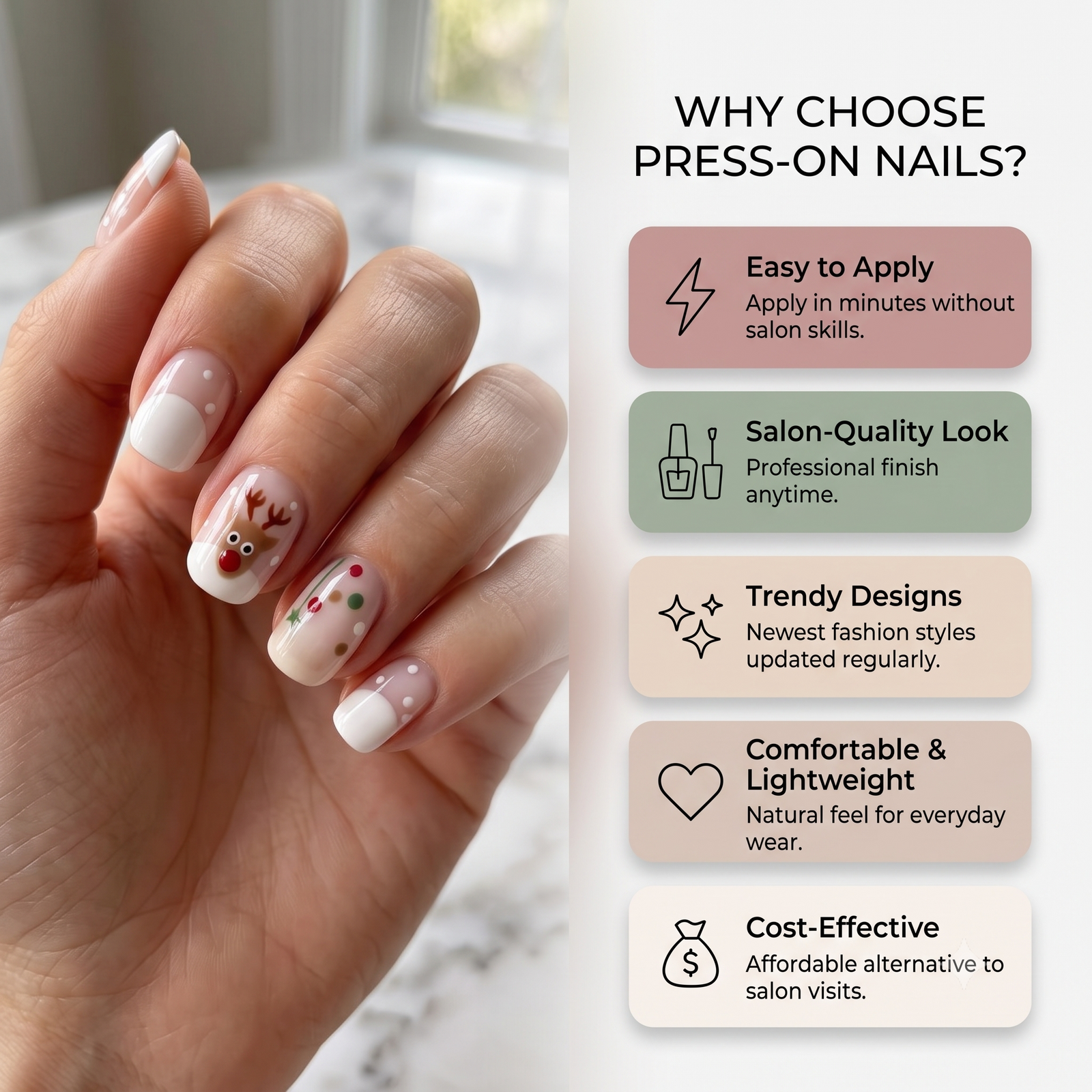 Press-on-nail Milky White Reindeer Winter Press On Nails | Cozy Christmas Style | Reusable Nail Set 4