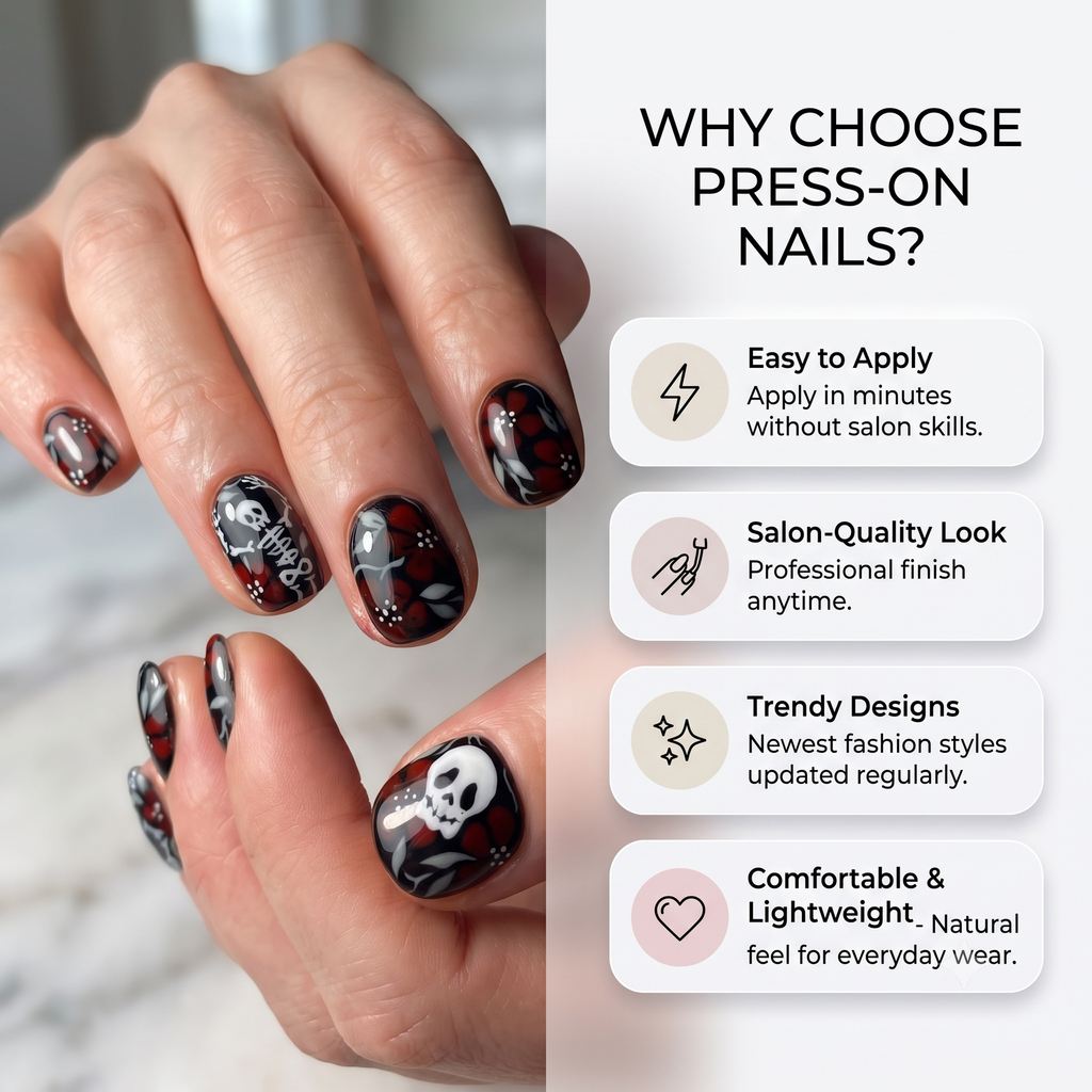 Press-on-nail Red & White Skull Floral Halloween Press On Nails | Gothic Floral Style | Reusable Nail Set 4