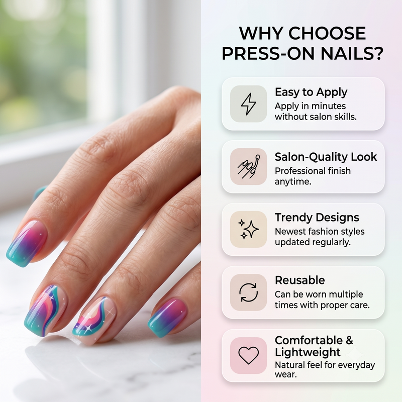 Rainbow Star Square French Press On Nails | Cute Y2K Style | Reusable Nail Set