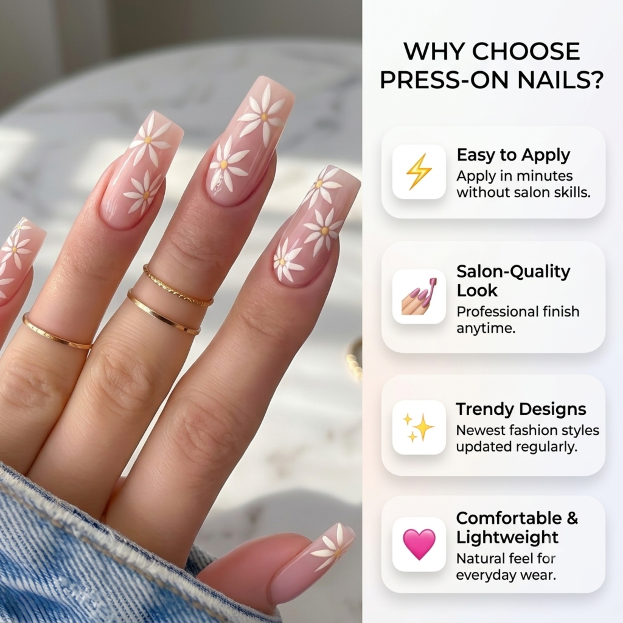 Ballet French Sunflower Press On Nails | Elegant Floral Style | Reusable Nail Set