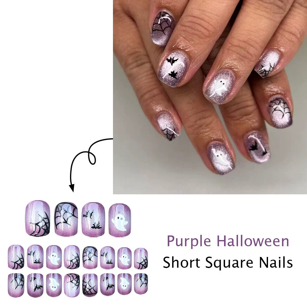 Purple Cat-Eye Bat & Web Halloween Nails