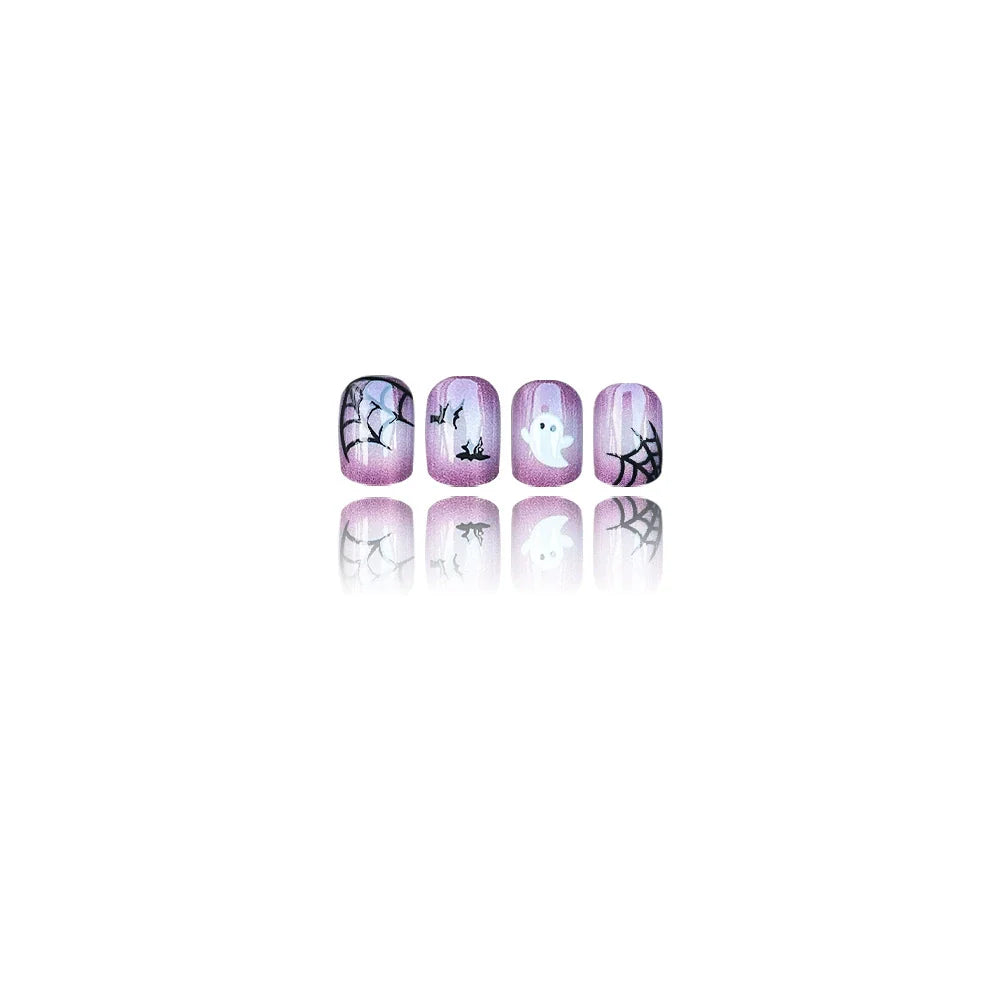 Purple Cat-Eye Bat & Web Halloween Nails