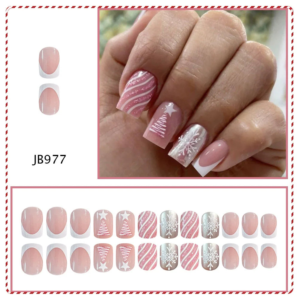 Pastel Pink Christmas Tree Snowflake Nails