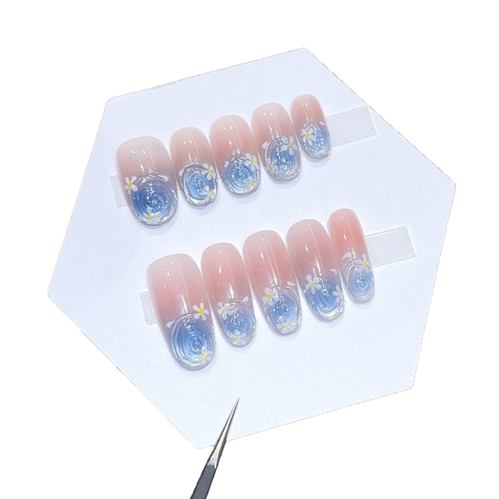 Cat Eye Holographic Nude White Floral Press-On Nails