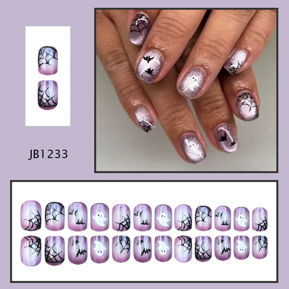 Purple Cat-Eye Bat & Web Halloween Nails