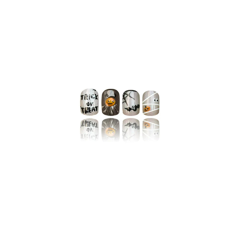 Hand-Painted Pumpkin Ghost Halloween Nails