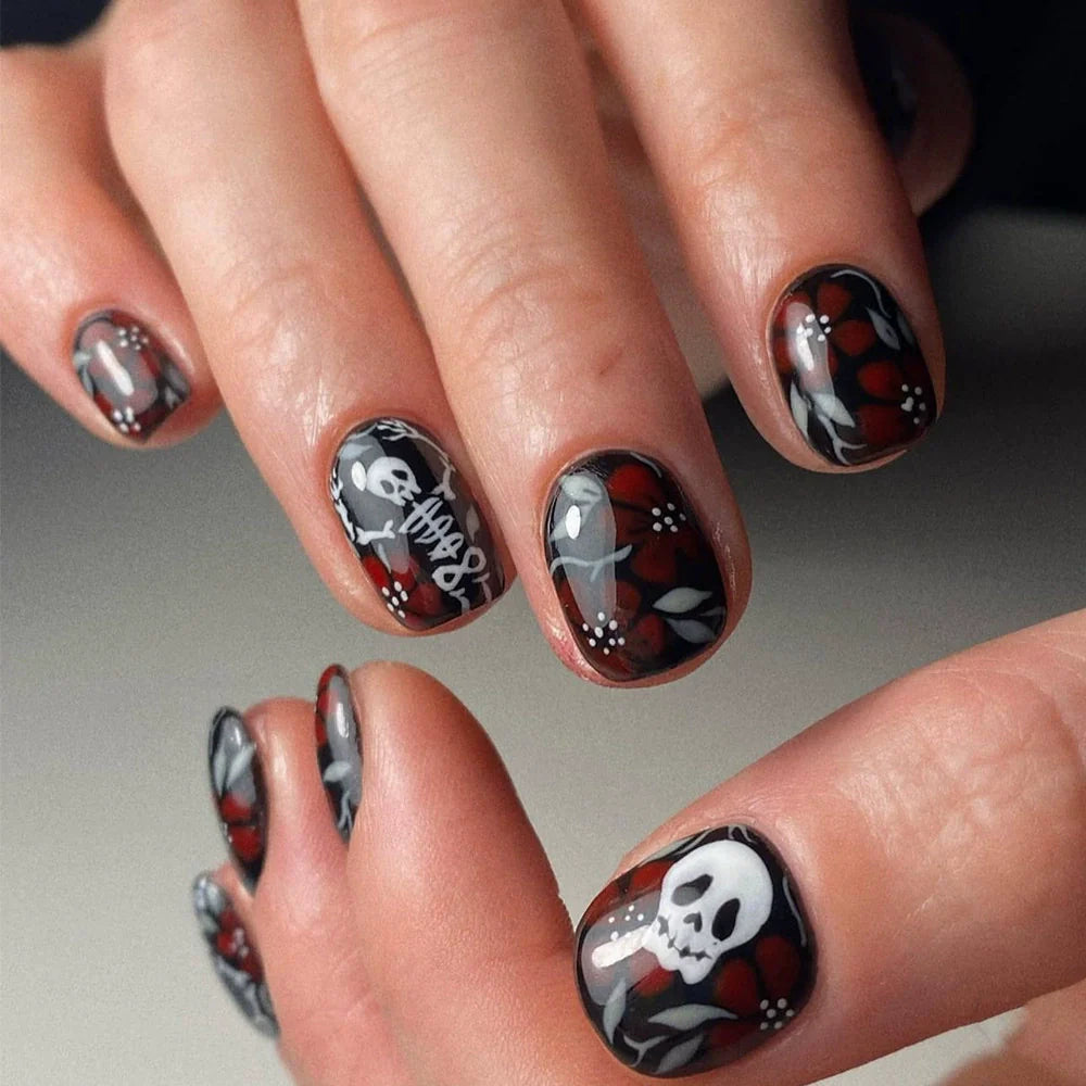 Red & White Skull Floral Halloween Nails