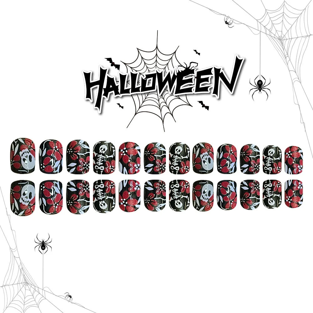 Red & White Skull Floral Halloween Nails