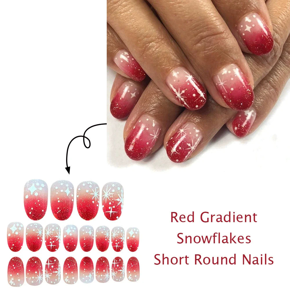 Red Snowflake Short Round Press-On Nails