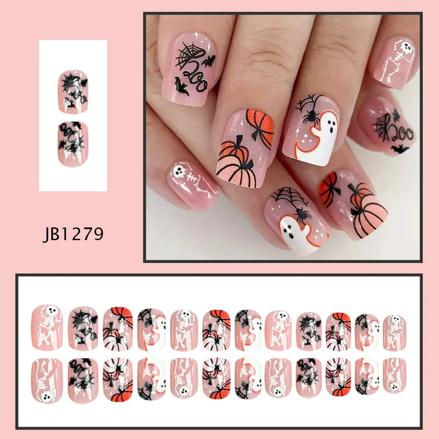 Orange Pumpkin Ghost Halloween Press-Ons - góc chụp 3