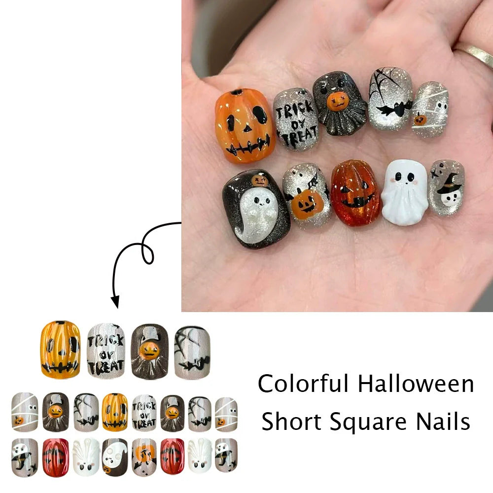 Hand-Painted Pumpkin Ghost Halloween Nails
