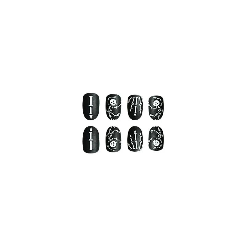 Matte Black Skull Round Halloween Nails