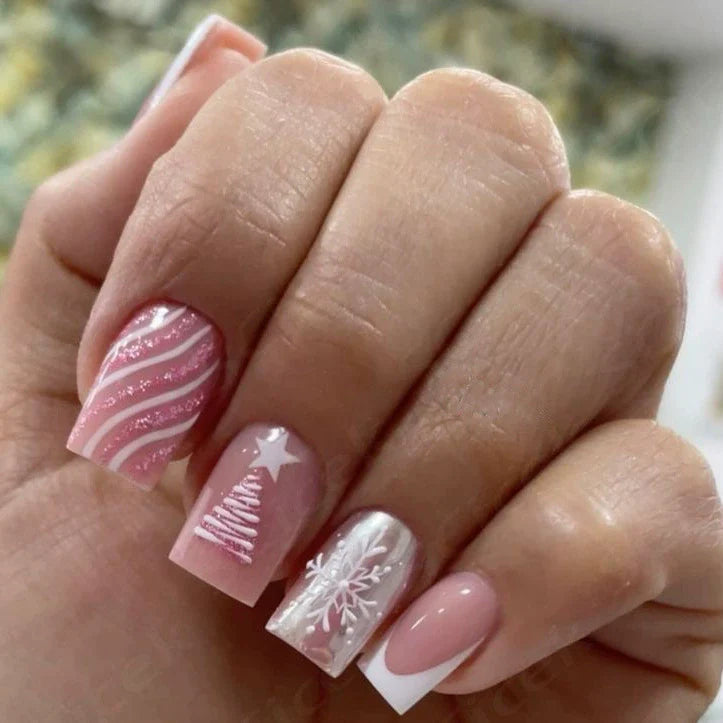 Pastel Pink Christmas Tree Snowflake Nails - góc chụp 3
