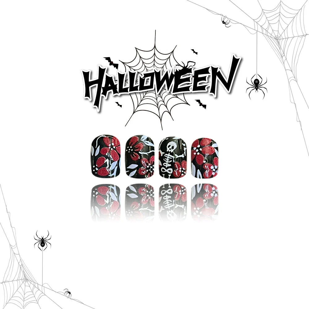 Red & White Skull Floral Halloween Nails