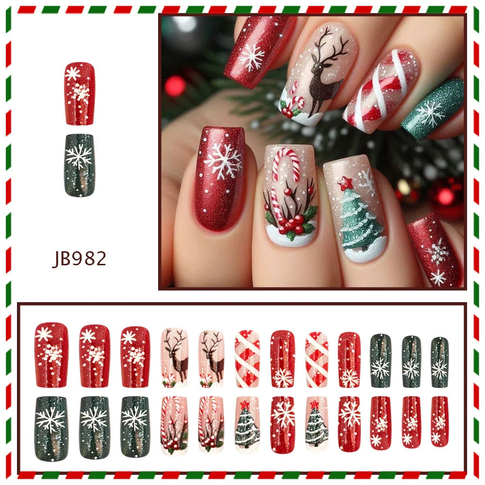 Red & White Christmas Tree Reindeer Nails